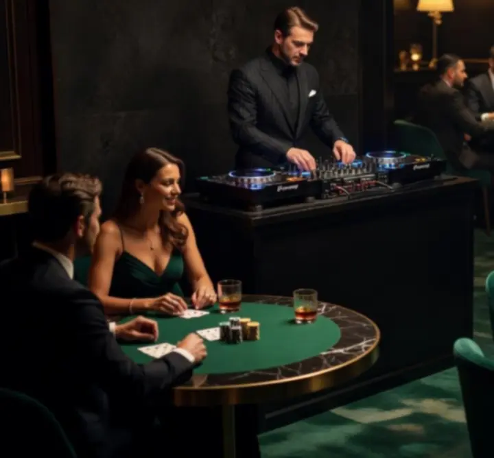 Élő DJ pult póker est közben, elegáns bárhangulatban