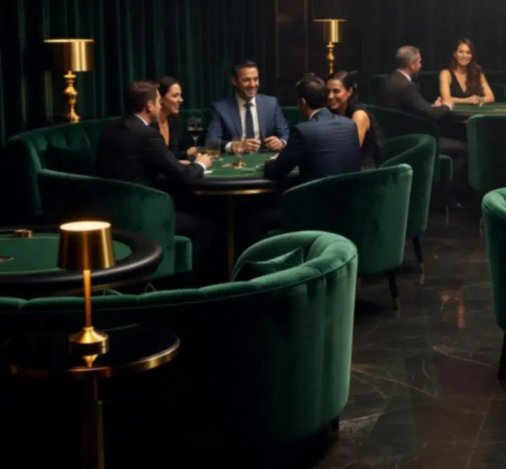 Prémium, sötét tónusú lounge enteriőr pókerasztalokkal és elegáns bárhangulattal