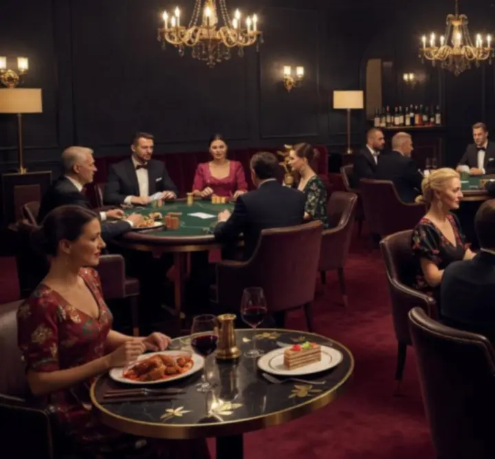 Sötét, elegáns poker lounge és étterem hangulatos fényekkel