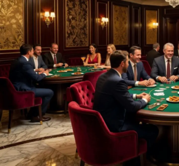 Sötét, elegáns belső tér pókerasztalokkal és fine dining hangulattal